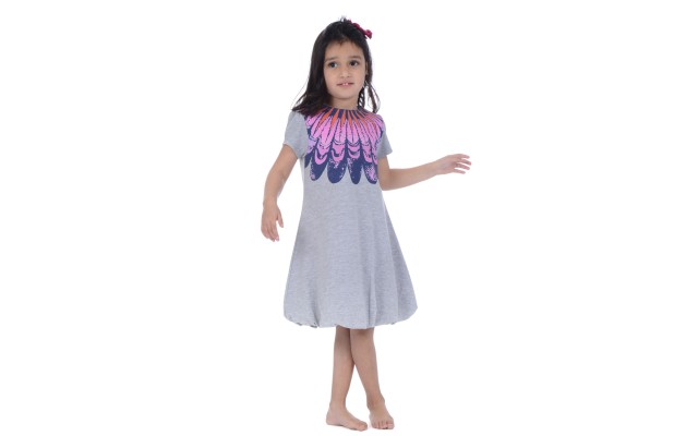  Girls Bubble Skirt Peruvian Cotton Dress – Crewneck, Short Sleeve, Heather Grey, 4