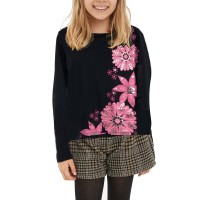 Kidsy Girls Flowers Graphic Printed Peruvian Cotton T-Shirt – Long Sleeve, Frill Crewneck, Winters Nights, 4