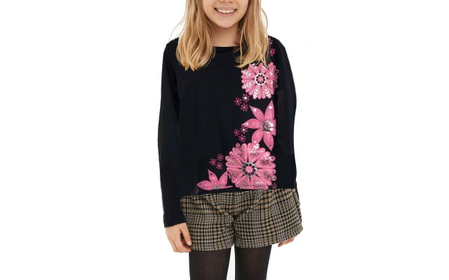  Girls Flowers Graphic Printed Peruvian Cotton T-Shirt – Long Sleeve, Frill Crewneck, Winters Nights, 4