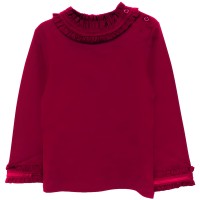 Kidsy Girls Frilled Neck And Cuffs Peruvian Cotton T-Shirt – Long Sleeve, Crewneck, Magenta, 2