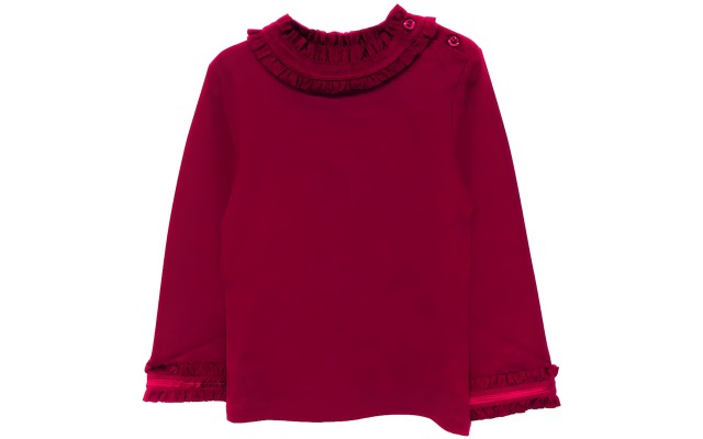  Girls Frilled Neck And Cuffs Peruvian Cotton T-Shirt – Long Sleeve, Crewneck, Magenta, 6