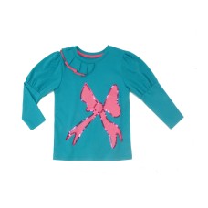 Kidsy Girls Pink Bow Sequined Graphic Printed Peruvian Cotton T-Shirt – Puff Sleeve, Frill Crewneck