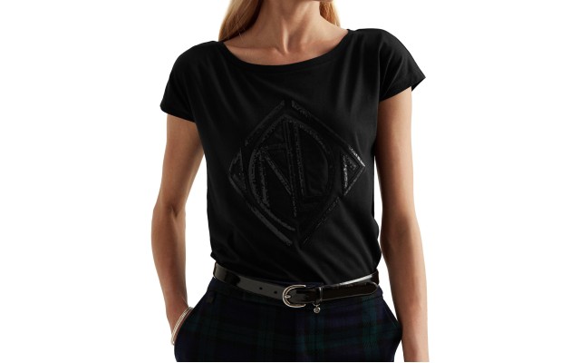 Lauren alph Lauren Sequined Art Deco Cotton-Blend Tee, Black, X-Large