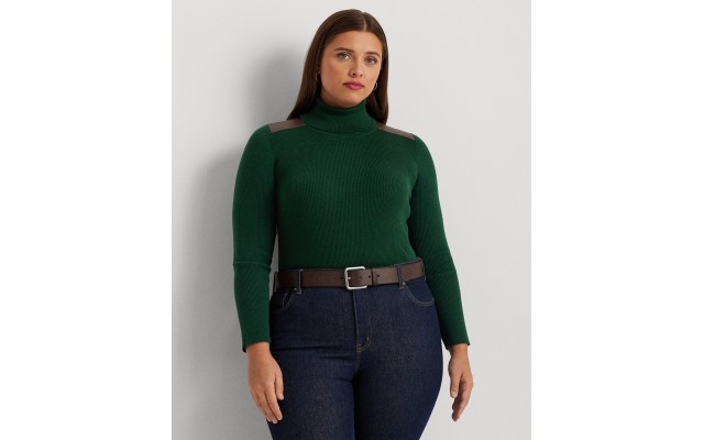 Plus Size Ribbed Elbow-Patch Turtleneck – Season Green, 1X