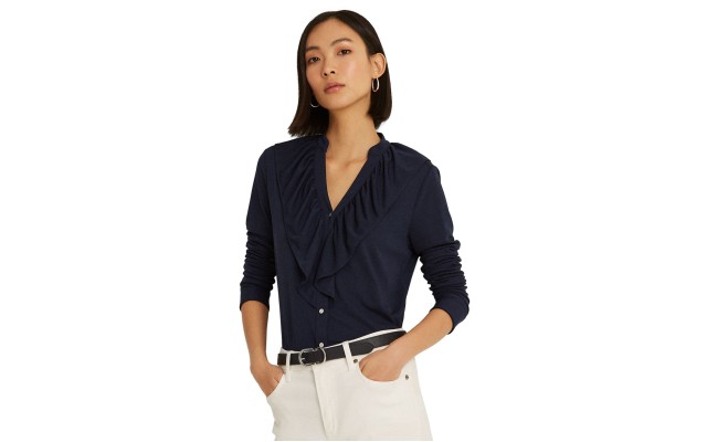 Lauren Ralph Lauren Ruffle-trim Stretch Jersey Shi French Navy Medium