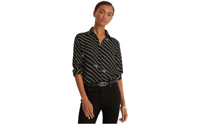 Lauren Ralph Lauren Wave-stripe Georgette Shirt Polo Black Large