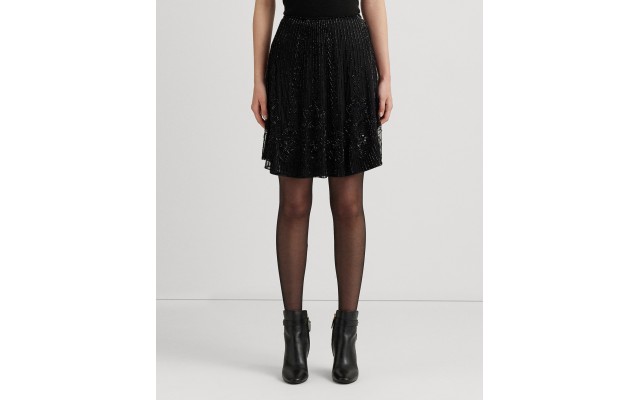  Women’s Beaded Mesh a-Line Skirt, Black, 16