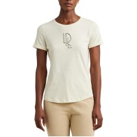 Lauren Ralph Lauren Womens Beaded-Logo Cotton Blend-Jersey Tee, Mascarpone Cream, Large