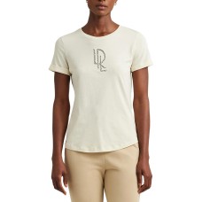 Lauren Ralph Lauren Womens Beaded-Logo Cotton Blend-Jersey Tee, Mascarpone Cream, Large