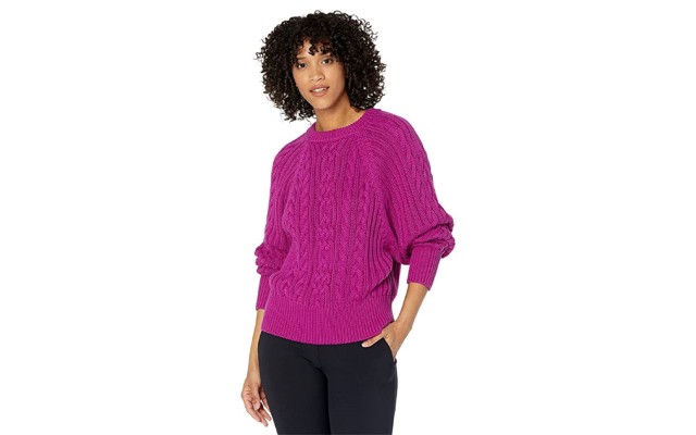  Womens Cable-Knit Dolman Sleeve Sweater, Purple, X-Large