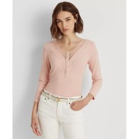 Lauren Ralph Lauren Womens Lace-Trim Henley Top, Pale Pink, Small