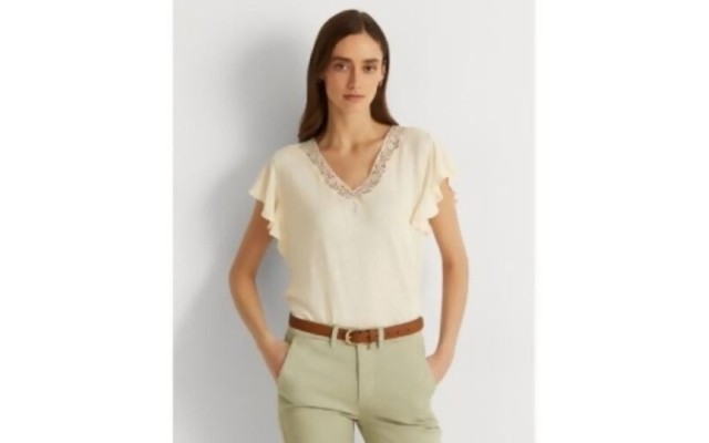 Lauren  Women’s Linen-Blend Jersey Flutter-Sleeve T-Shirt, Cream, Medium