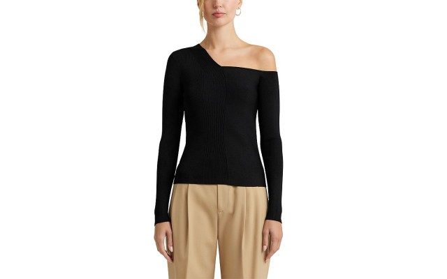  Women’s One-Shoulder Ribbed Sweater, Black, X-Small