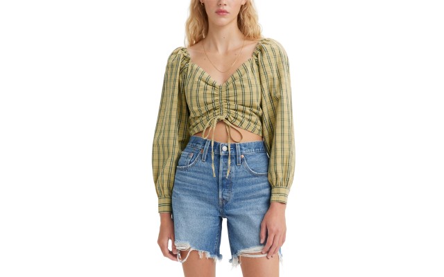 Levi’s Women’s Devin Cotton Drawstring-Front Long-Sleeve Top, Zelda Plaid, XS