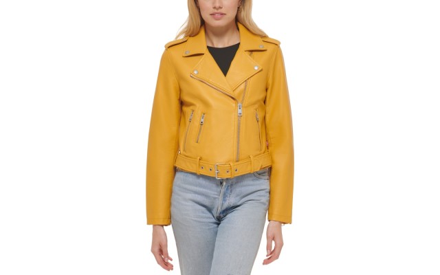 Levi’s Women’s Faux-Leather Belted Hem Moto Jacket, Gold, Small