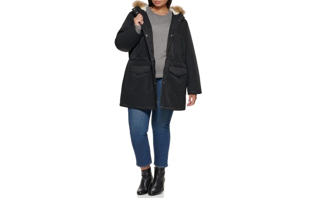 Levi’s Women’s Plus Size Performance Mid-Length Parka Jacket, Black/Sherpa Lining, 1X