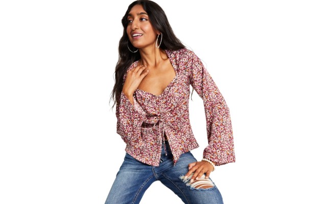  Women’s Ruched Floral-Print Peplum Top, Mauve Multi, Small