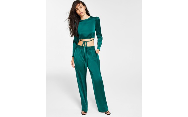  Womens Smocked-Waist Pull-on Pants, Green, Medium