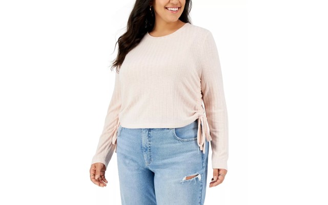 Love, Fire Womens Plus Size Ruched Side-Tie Top, Mauve Chalk, 3X