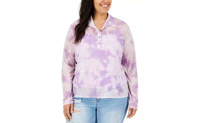 Love Fire Womens Plus Size Tie-Dye Printed Polo Shirts, Purple, 1X