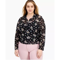 Love, Fire Womens Trendy Plus Size Mesh Floral-Print Top, Black, 1X