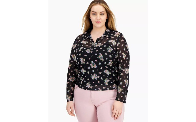 Love, Fire Womens Trendy Plus Size Mesh Floral-Print Top, Black, 1X