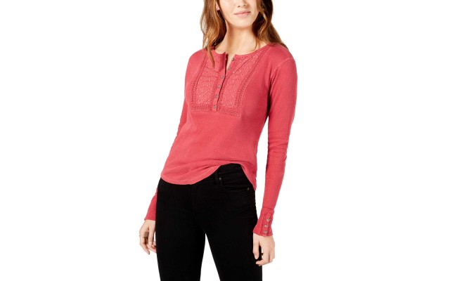  Women’s Cotton Embroidered Henley Thermal Blouse Pullover Shirt Tops, Red, XX-Large