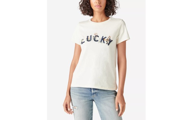  Womens Floral Embroidered T-Shirt, White,  Large