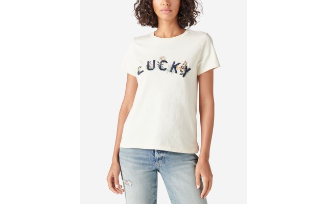  Womens  Floral Embroidered T-Shirt, White, M