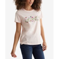 Lucky Brand Womens Floral Embroidery Cotton Knit Top, Light Pink, XS