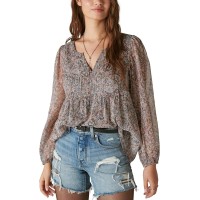 Lucky Brand Womens Open Neck Printed Peasant Top Shirts, Pink Multi, Small