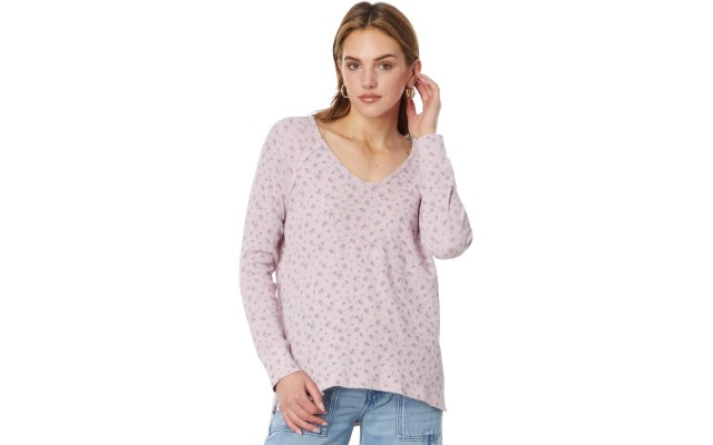  Women’s Oversized V-Neck Waffle Thermal Top, Pink Floral Print,Small