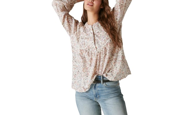  Women’s Smocked Button Through Blouse, Whisper White Multi, X-Small