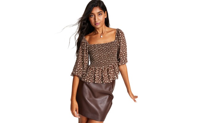  Women’s Smocked Top, Brown Floral, Small