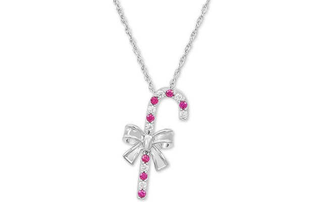 Macy’s Lab-Created Ruby (1/6 ct. t.w.) Candy Cane 18″ Pendant Necklace (Silver)