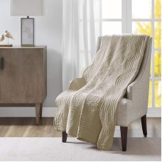 Madison Park Cotton Filled Spread, Ultra Soft, Cozy Living Room Couch, Sofa, Bed Luxe Quilted Throw Blanket-Damask Stitching Design, 60×72, Scalloped Edges Khaki