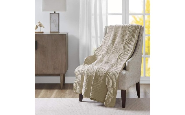  Cotton Filled Spread, Ultra Soft, Cozy Living Room Couch, Sofa, Bed Luxe Quilted Throw Blanket-Damask Stitching Design, 60×72, Scalloped Edges Khaki