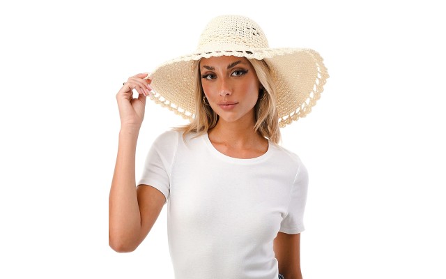  Women’s Scalloped Floppy-Brimmed Straw Sun Hat – Ivory