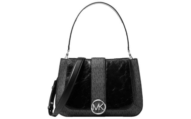  Lillie Signature Polished Top-Handle Handbag Satchel (Black/Silver)