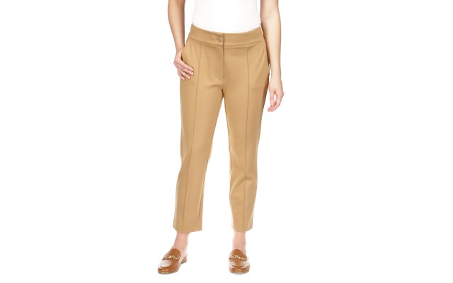  Petite High-Rise Ponte Pintuck Pants, Camel,P/ Medium
