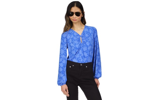  Petite Shadow-Fleur Print Long-Sleeve Top, Grecian Blue, P/Medium