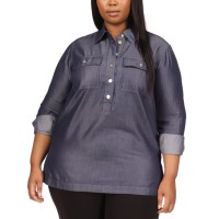 Michael Kors Plus Size Buttoned-Neck Tunic, Indigo Rinso, 3X