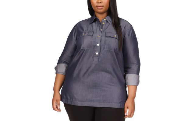  Plus Size Buttoned-Neck Tunic, Indigo Rinso, 3X