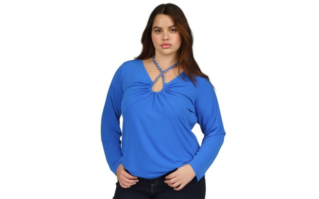  Plus Size Chain-Neck Long-Sleeve Top – Grecian Blue, 3X