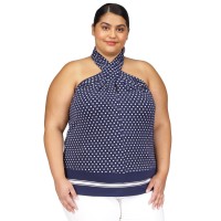 Michael Kors Plus Size Dot-Print Border-Hem Halter Top, Midnight Blue, 2X