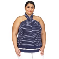 Michael Kors Plus Size Dot-Print Border-Hem Halter Top, Midnight Blue, 2X
