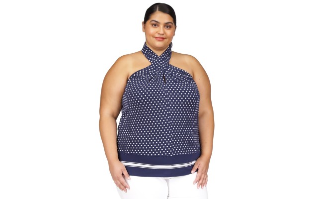  Plus Size Dot-Print Border-Hem Halter Top, Midnight Blue, 2X