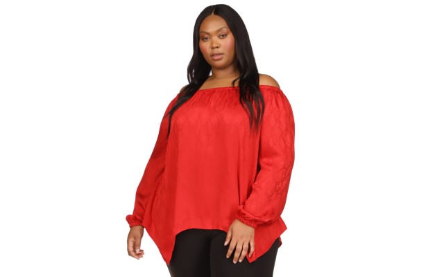  Plus Size Jacquard Snakeskin-Print Handkerchief-Hem Top – Crimson, 3X