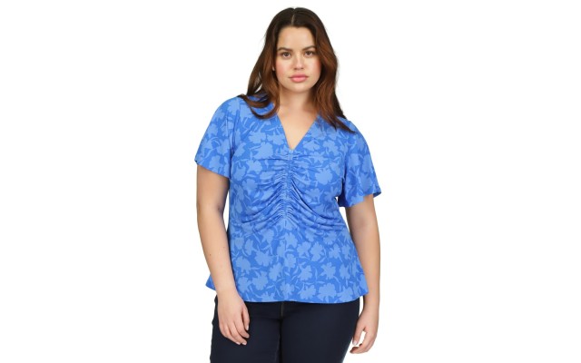  Plus Size Ruched Flutter-Sleeve Top – Grecian Blue, 0X