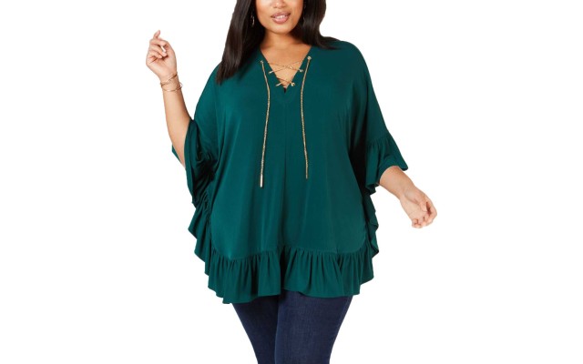  Plus Size Ruffled Lace-Up Top (Green, 0X)
